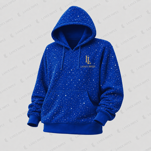 เสื้อฮู้ดดี้ผู้ชายสีน้ำเงินรอยัลประดับเพชรเทียม สกรีนโลโก้ได้ สไตล์สตรีทแวร์ลำลอง เสื้อสเวตเชิ้ตผ้าฟลีซแขนยาว มีฮู้ด แฟชั่น - Product Image 2