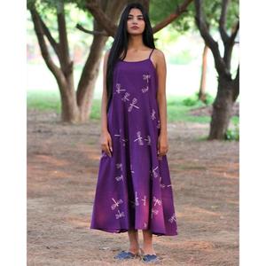 Vestido Mini Morado de Tirantes Finos para Mujer, Cuello en V, Manga Abullonada, Algodón Ecológico, Casual, Verano - Product Image 1
