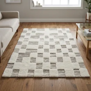 Bohemian Style Handmade Loomed Wool <b>Cushioned</b> Carpet Medium Pile Area Rug Geometric Modern Shaggy Bedroom Wool Fur Material - Product Image 1