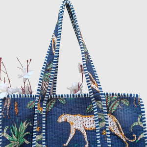 Bohemian Cotton <b>Tote</b> <b>Bag</b> With Leopard And Tropical Print Open Top For Beach <b>Summer</b> Use - Product Image 2
