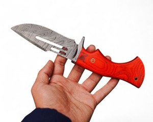 Cuchillo de caza y bushcraft de hoja fija de acero de Damasco para exteriores, mango de madera Pakka, punta de caída, funda de cuero, personalizable OEM de fábrica - Product Image 1