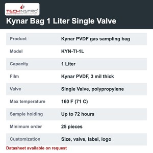 ถุงเก็บตัวอย่างก๊าซ TECHINSTRO Kynar ขนาด 1 ลิตร ทำจากฟิล์ม PVDF แบบวาล์วเดี่ยว ป้องกันการรั่วซึม สำหรับการเก็บตัวอย่าง VOC กลิ่น และอากาศ - Product Image 6