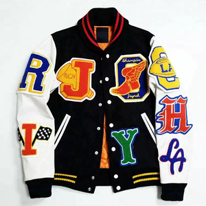 Men's Black And White Varsity Jacket With Embroidered Patch Designs <b>Covered</b> <b>Button</b> Streetwear Style Autumn Wear - Product Image 5