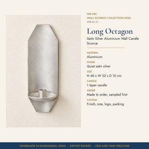 Applique murale en aluminium argenté satiné, faite à la main, porte-bougie octogonal haut pour bougies coniques, décoration murale pour salle à manger - Product Image 2