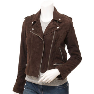 Wholesale hot selling <b>Jacket</b> <b>Women's</b> <b>Brown</b> Suede Moto <b>Jacket</b> Full Sleeve Zipper Closure Stand Collar Winter Style - Product Image 1