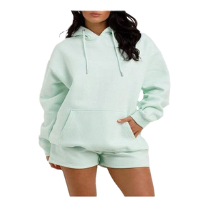 Conjunto de Sudadera con Capucha y Pantalones Cortos Verde Menta para Mujer, Estilo Casual Holgado de Dos Piezas, Ropa de Primavera/Verano, Ropa de Estar por Casa para Mujer - Product Image 5