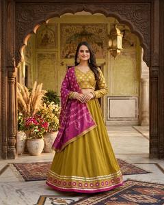 <b>Women</b> Traditional Indian Pakistani Silk <b>Lehenga</b> Choli Set Floor-Length Wedding Wear Purple Yellow Embroidered Design Regular Fit - Product Image 5