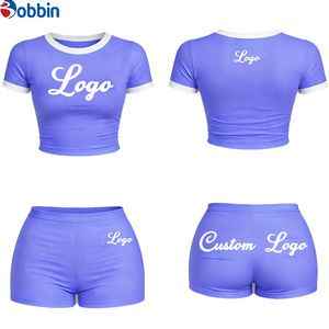 Women's Shorts Sets Summer Outfits Custom Logo Shorts Set Summer Women Clothes Women's Basic Short Sleeve Crew Ribbed 2-Pcs Set - Product Image 3