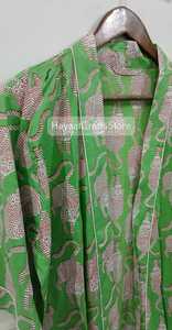 Bata Kimono Larga sin Cuello para Mujer con Estampado de Bloques Indios, Mangas Largas, Cierre con Cordón, 100% Algodón, para Baño - Product Image 6
