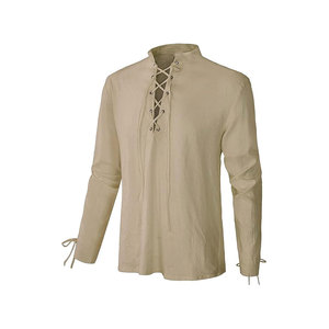 Chemise beige à manches longues pour homme, col montant, avec laçage sur le devant et attaches aux poignets, style décontracté, pour l'automne - Product Image 1