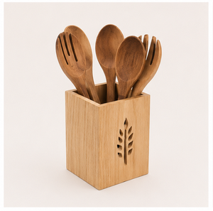 Porte-couverts en bois artisanal avec motif de feuille découpée, organiseur d'ustensiles écologique pour la cuisine et la table à manger - Product Image 2