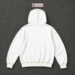 Sudadera con capucha gótica blanca con cremallera, costuras en contraste verdes, estilo urbano oversize, logo bordado, unisex, personalizada, moda punk, casual, en oferta - Product Image 6