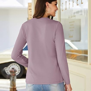 เสื้อเชิ้ตแขนยาวคอวีผู้หญิง สีพื้น เรียบง่าย สวมใส่สบาย ทรงปกติ รับทำโลโก้ตามสั่ง OEM ODM เสื้อแขนยาวผู้หญิง - Product Image 2