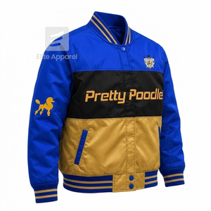 Chaqueta de carreras personalizada de la hermandad Sigma Gamma Rho con logo bordado en azul y dorado, estilo racing para mujer con forro de poliéster. - Product Image 2