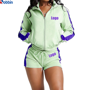 Ensembles de survêtements courts d'été Hip Hop pour femmes, 2 pièces, veste à fermeture éclair et shorts, 100% coton respirant, séchage rapide, écologiques, manches longues - Product Image 5