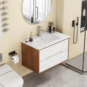 Mobile Bagno Sospeso da 32 Pollici con Doppio Cassetto, Sistema Soft-Close e Lavabo in Ceramica Arrotondato - Collezione Soli-Bathroom - Product Image 3