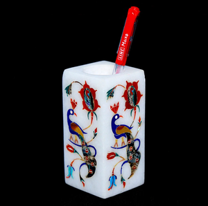 Porte-stylos en plastique blanc avec motif floral bleu pour le rangement de fournitures de bureau, organisateur de marqueurs portable - Product Image 3