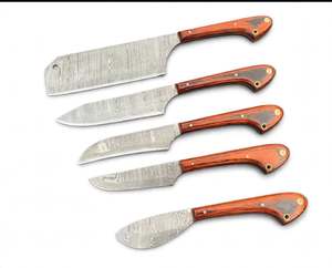 Ensemble de couteaux de cuisine en acier damas torsadé artisanal, 5 pièces, manche en bois de rose, couteau de chef, couteau à découper - Product Image 1