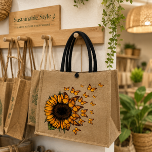 Bolsa de Yute de Lujo para Mujer con Estampado de Mariposas y Girasoles, Reutilizable, Ecológica, Ligera, Estilo Boho Chic, de Doble Asa para Compras - Product Image 4