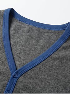 Men's V-Neck Short Sleeve Knitted Jersey T-Shirt 100% Cotton Solid Color Contrast Trim Slim Fit Casual Breathable 200 Grams - Product Image 5