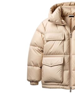 Chaqueta Acolchada con Capucha para Hombre, Color Beige, Relleno Grueso de Plumón, Cierre de Cremallera, Corte Regular, Color Sólido, Estilo Casual para Invierno - Product Image 2