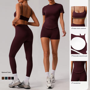 Ensemble de vêtements de sport sans couture pour femmes, haut à manches longues et leggings taille haute, coupe extensible, entraînement yoga, logo sur le devant, recyclable - Product Image 3