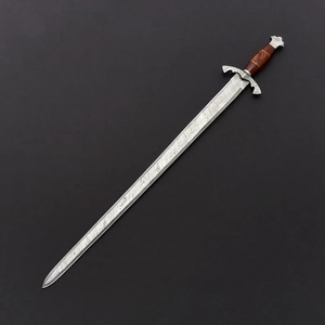 Couteau épée en acier carbone Damas forgé à la main, manche en bois, étui en cuir, couverts décoratifs pour exposition et collection, OEM - Product Image 2