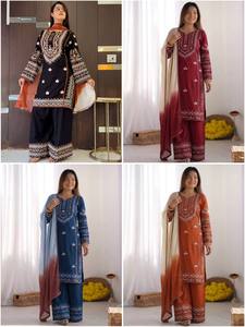 Ensemble Kurti élégant noir brodé en rayonne et coton avec pantalon Farshi et dupatta en Georgette – Entièrement cousu, prêt à porter - Product Image 2