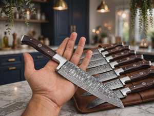 Ensemble de couteaux de chef en acier Damas, 9 pièces, ensemble de couteaux de cuisine à manche en bois fait main, cadeau professionnel pour chef. Avec Leather Rap. - Product Image 3