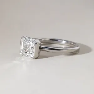 Solid Gold Asscher Cut Engagement <b>Ring</b> Half Bezel Setting <b>Diamond</b> Solitaire <b>Ring</b> White Gold Modern Minimalist Jewelry for Women - Product Image 4