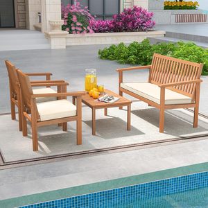 Modern Minimalist Teak <b>Garden</b> Bench and Armchairs 4 Piece Patio Wood Conversation Furniture <b>Set</b> - Product Image 2