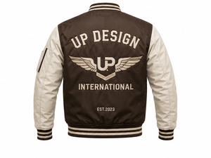 Veste bomber varsity marron crème personnalisée, veste en satin pour homme, col côtelé, doublure matelassée, logo brodé - Product Image 1