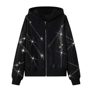 Women Black Hooded Tracksuit Set Full Zip <b>Jacket</b> Jogger Pants Geometric <b>Glitter</b> Print Breathable Polyester Casual Autumn WearOEM - Product Image 3