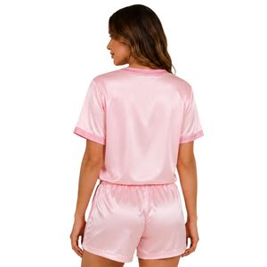 Ensemble de pyjama en satin rose clair personnalisé pour femmes, haut à manches courtes col en V et short, logo personnalisé, vêtements de nuit doux, OEM ODM. - Product Image 2