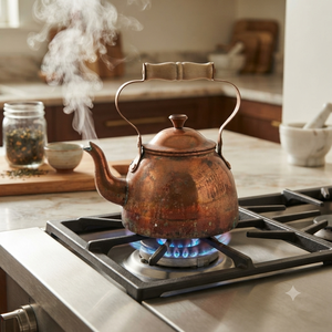 Bouilloire à thé en cuivre de style vintage antique avec patine naturelle et poignée en bois, chauffe-eau rétro pour cuisine, exportateur en gros - Product Image 3