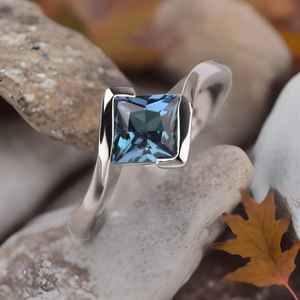 Princess Cut Alexandrite Ring Unique Engagement Ring Silver Bypass June Birthstone Color Changing Gemstone Ring - Product Image 4