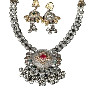 Antique Two Tone Rhodium Plated Bohemian Lovers Zircon <b>Statement</b> <b>Necklace</b> with Dangle Earrings Indian Wedding Jewelry Set - Product Image 1