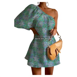 Vestido de verano europeo y americano, nuevo, ajustado, de un solo hombro, con manga abullonada, estilo sexy, estampado a mano. - Product Image 5