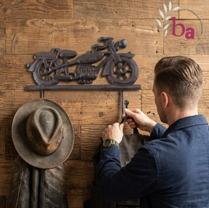Porte-manteau mural auto-adhésif robuste à 3 crochets en fonte vintage, motif perles et moto, CIH 244 pour vêtements - Product Image 2