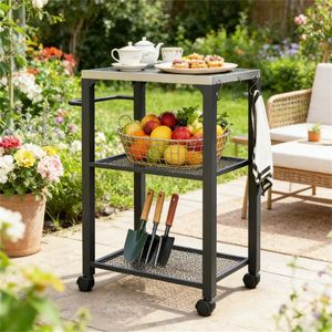 Carrello Multiuso da Esterno con Griglia e Ripiano Portaoggetti per Barbecue - Product Image 1