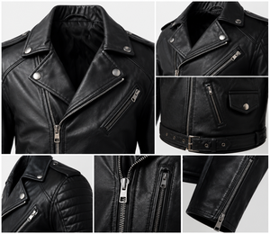 Dumela Men's Black Genuine Leather Streetwear Motorcycle Jacket Slim Fit Stand Collar Zipper Closure Belted Design Plain Dyed - Product Image 3