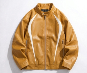 Blouson Moto Homme en Cuir PU Color Block Col Montant Entièrement Zippé Décontracté Style Motard Vente en Gros - Product Image 6