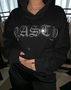 Sweat-shirt à capuche noir pour homme avec logo en strass sur le devant, coupe ample, style streetwear, tissu FRENCH TERRY, vêtements d'automne - Product Image 2