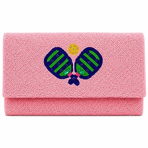 Pink Beaded Clutch With Cartoon Ping Pong Design Flap Closure Women's Party Handbag - Product Image 1