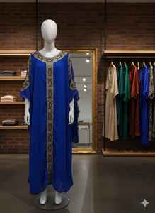 Kaftan bleu royal élégant brodé : une fusion intemporelle de luxe, d'artisanat doré complexe et de sophistication de style jardin. - Product Image 3