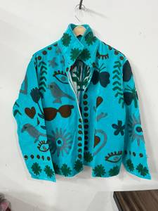 Turquoise <b>Velvet</b> Suzani <b>Jacket</b> <b>Women</b> Hand Embroidered Abstract Floral Boho Coat Ethnic Designer Outerwear Wholesale India - Product Image 1
