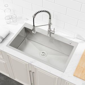 Lavello da cucina artigianale 33x22 a vasca singola in nichel spazzolato da incasso con scarico standard USA, forma quadrata e un foro - Product Image 5