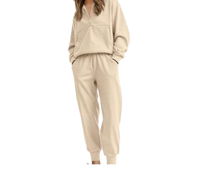 Women's Autumn Hooded Breathable Solid Color Front Logo 2-in-1 Design Casual Loose Fit Polyester/Cotton Sweatshirt Joggers Pants - Product Image 3