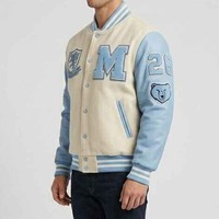 Veste de style preppy pour homme, bleu crème, avec broderie de la lettre M, coupe classique, col classique, pour l'automne, veste varsity homme