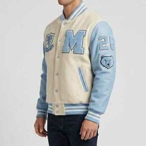 Veste de style preppy pour homme, bleu crème, avec broderie de la lettre M, coupe classique, col classique, pour l'automne, veste varsity homme - Product Image 5